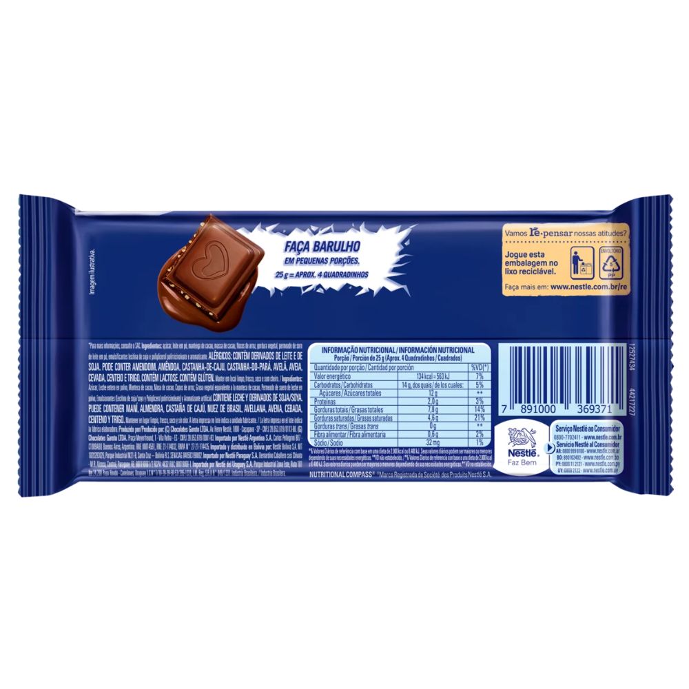 Nestlé Tablete Chocolate Crunch, Barra de 80 g / 2,8 oz
