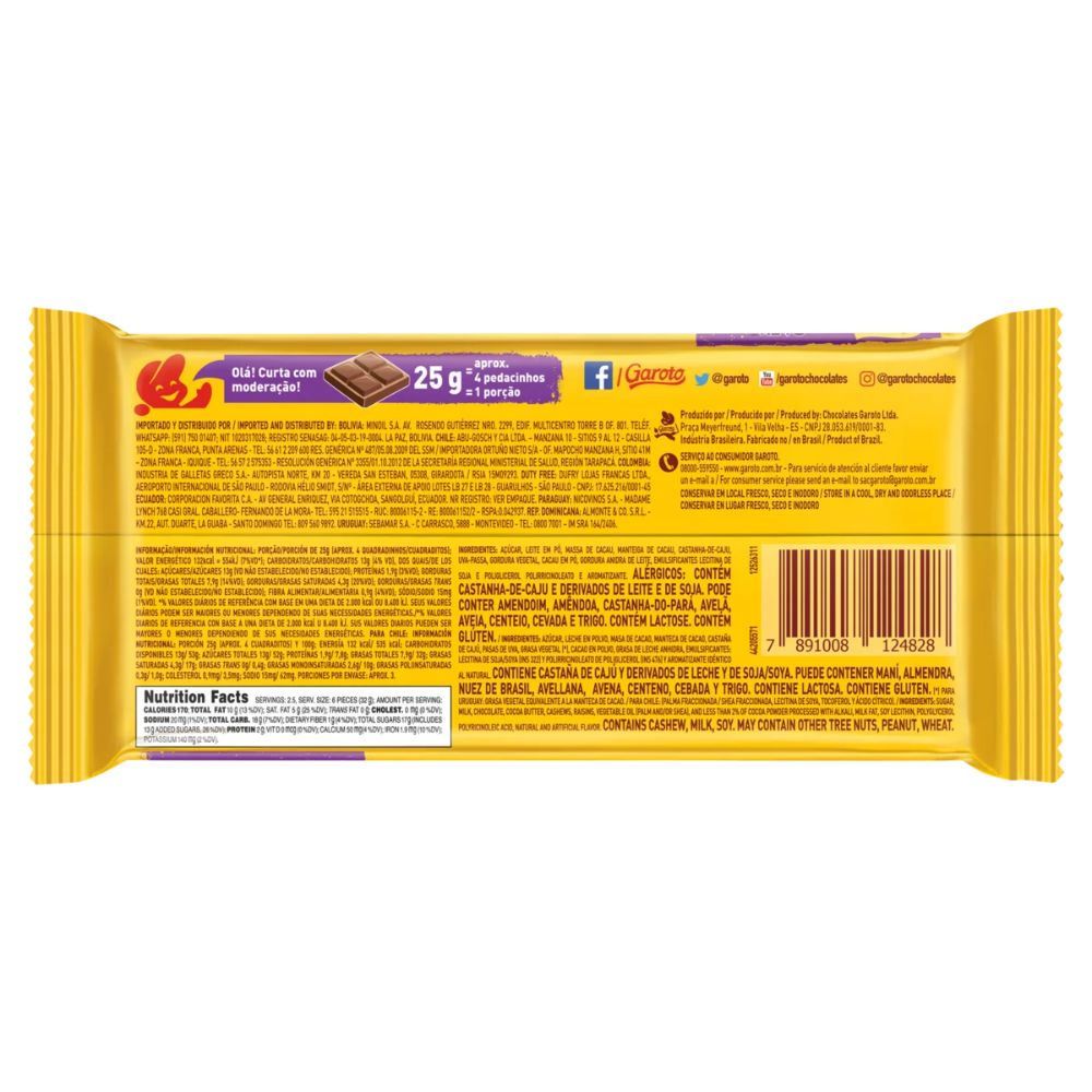 Garoto Chocolate Con Leche Con Anacardos y Pasas, Paquete de 80 g / 2,8 oz