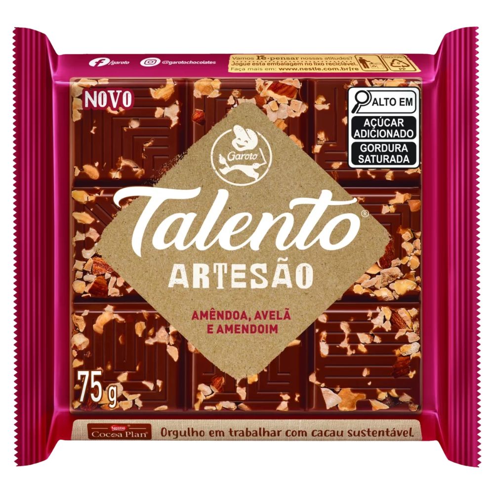 Garoto Talento Artesão Chocolate ao Leite com Amêndoas, Avelãs e Amendoins, Embalagem de 75 g