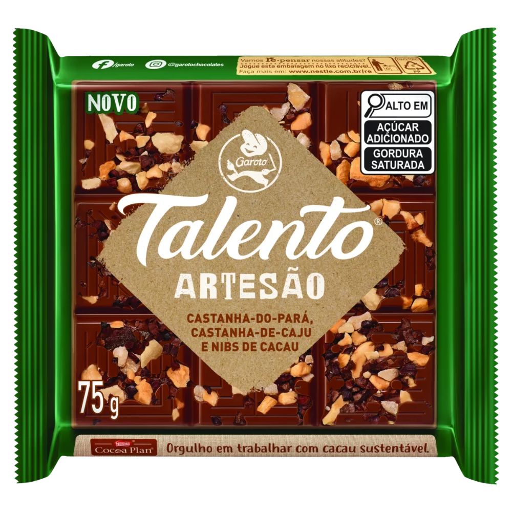 Garoto Talento Artesão Chocolate ao Leite com Castanha do Pará, Castanha de Caju e Nibs de Cacau, Embalagem de 75 g