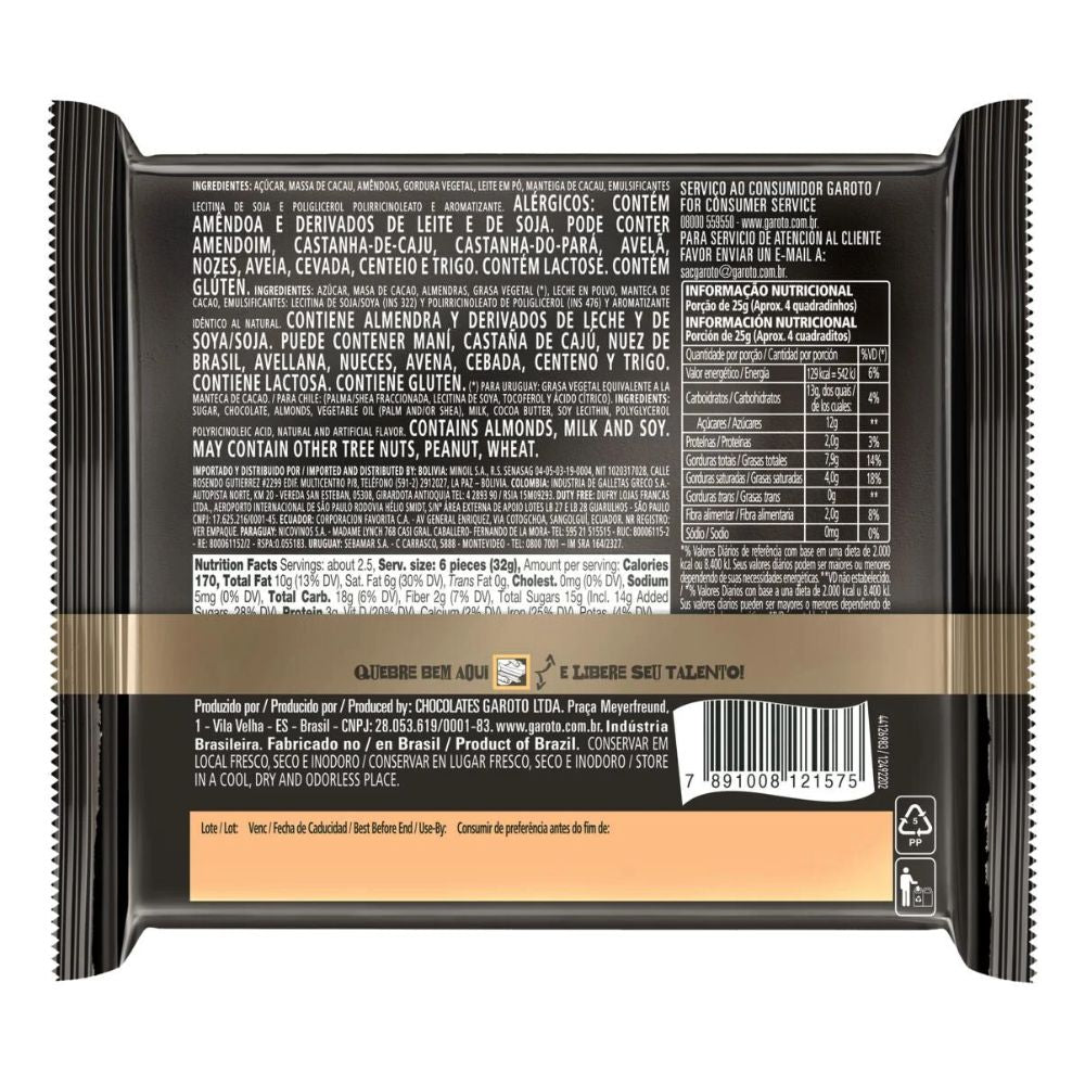 Garoto Talento Chocolate Amargo Com Amêndoas, Pacote de 85 g / 3 Onças
