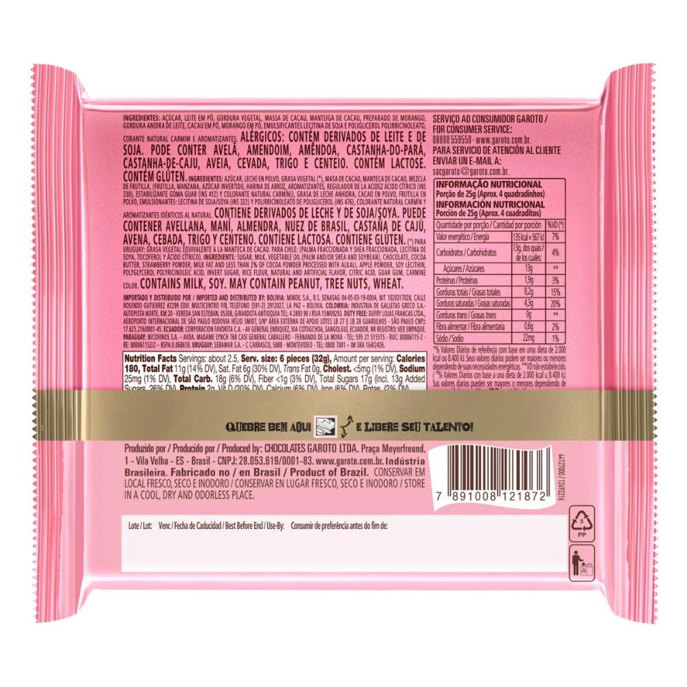 Garoto Talento Morango Chocolate Recheado, Barra 85 g / 3 oz