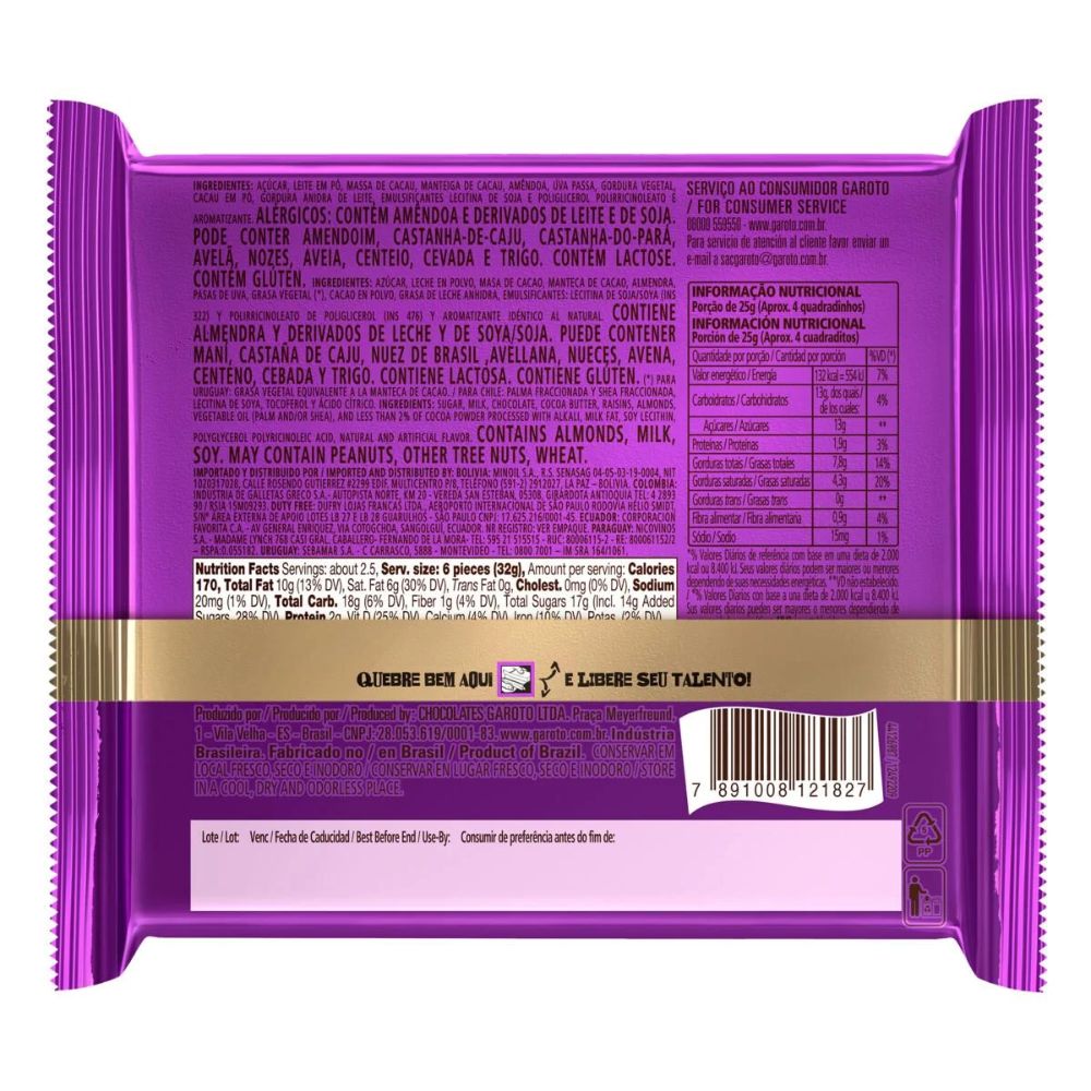 Garoto Talento Chocolate ao Leite com Amêndoas e Passas, Pacote de 85 g / 3 oz