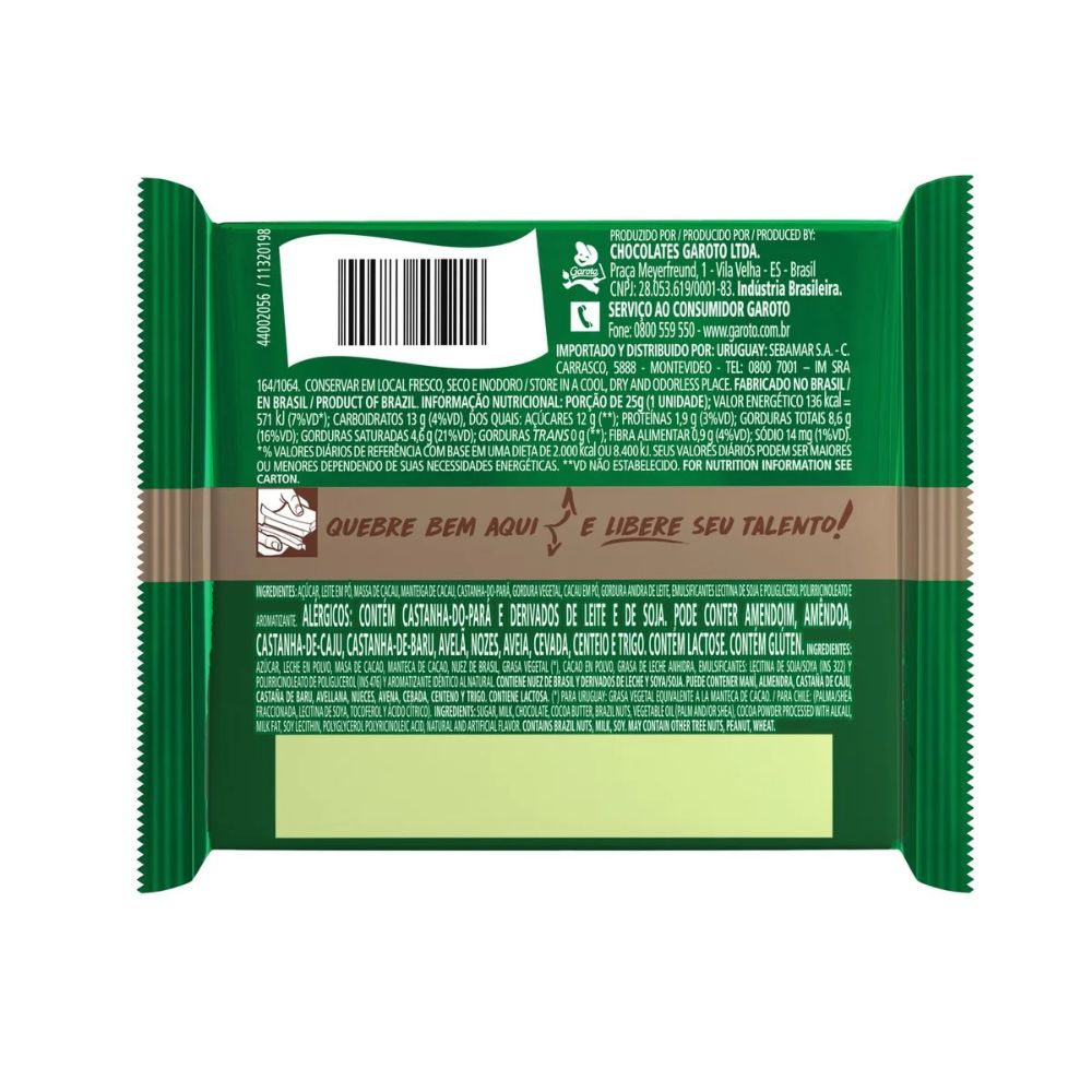 Garoto Talento Chocolate ao Leite com Castanhas do Brasil, 25 g / 0,88 oz