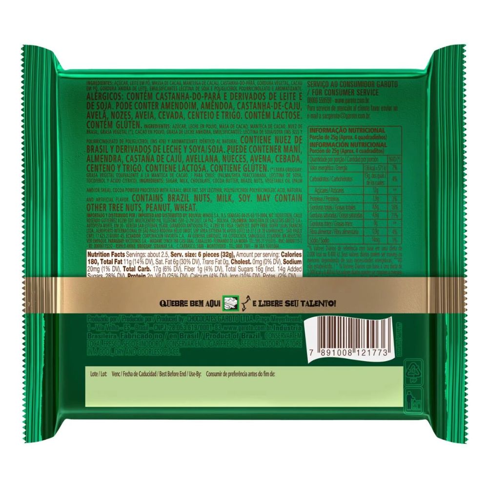 Garoto Talento Chocolate ao Leite com Castanhas do Brasil, Pacote de 85 g / 3 oz