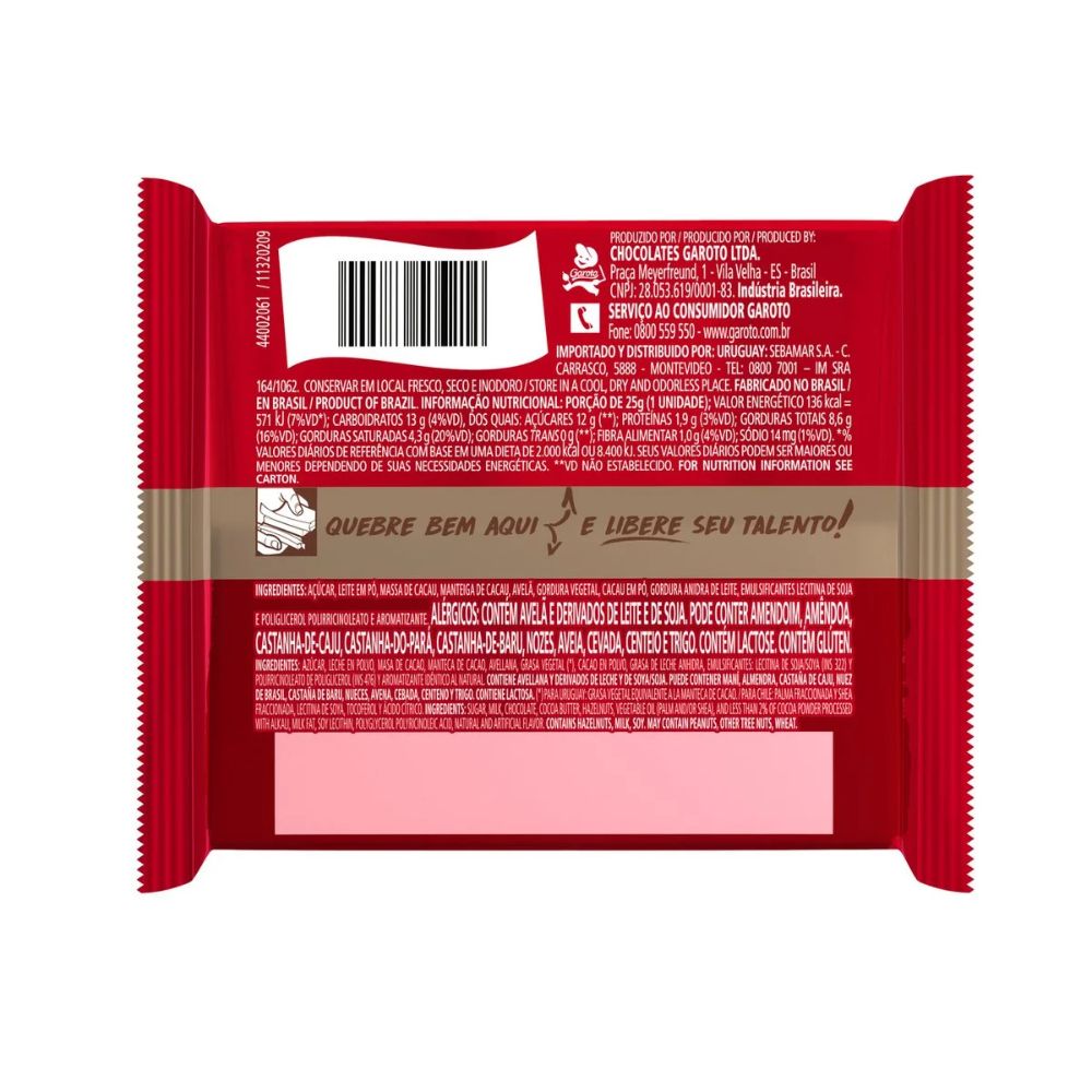 Garoto Talento Chocolate ao Leite Com Avelãs, 25 g / 0,88 Onças