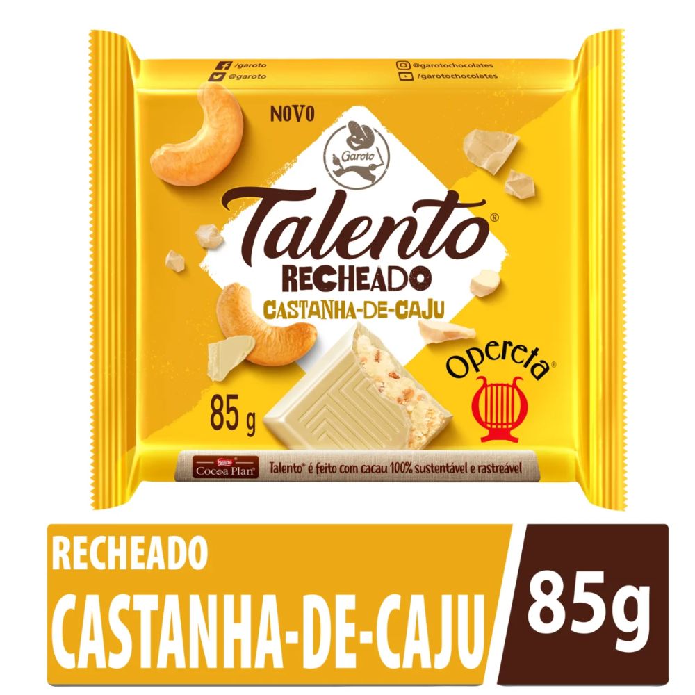 Garoto Talento Chocolate Branco com Recheio de Castanha de Caju, Pacote de 85 g / 3 oz