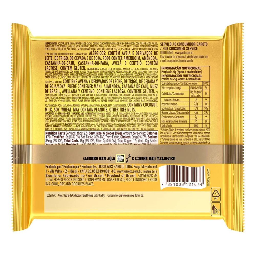 Garoto Talento Chocolate Branco Com Cereais e Passas, Pacote de 85 g / 3 Onças