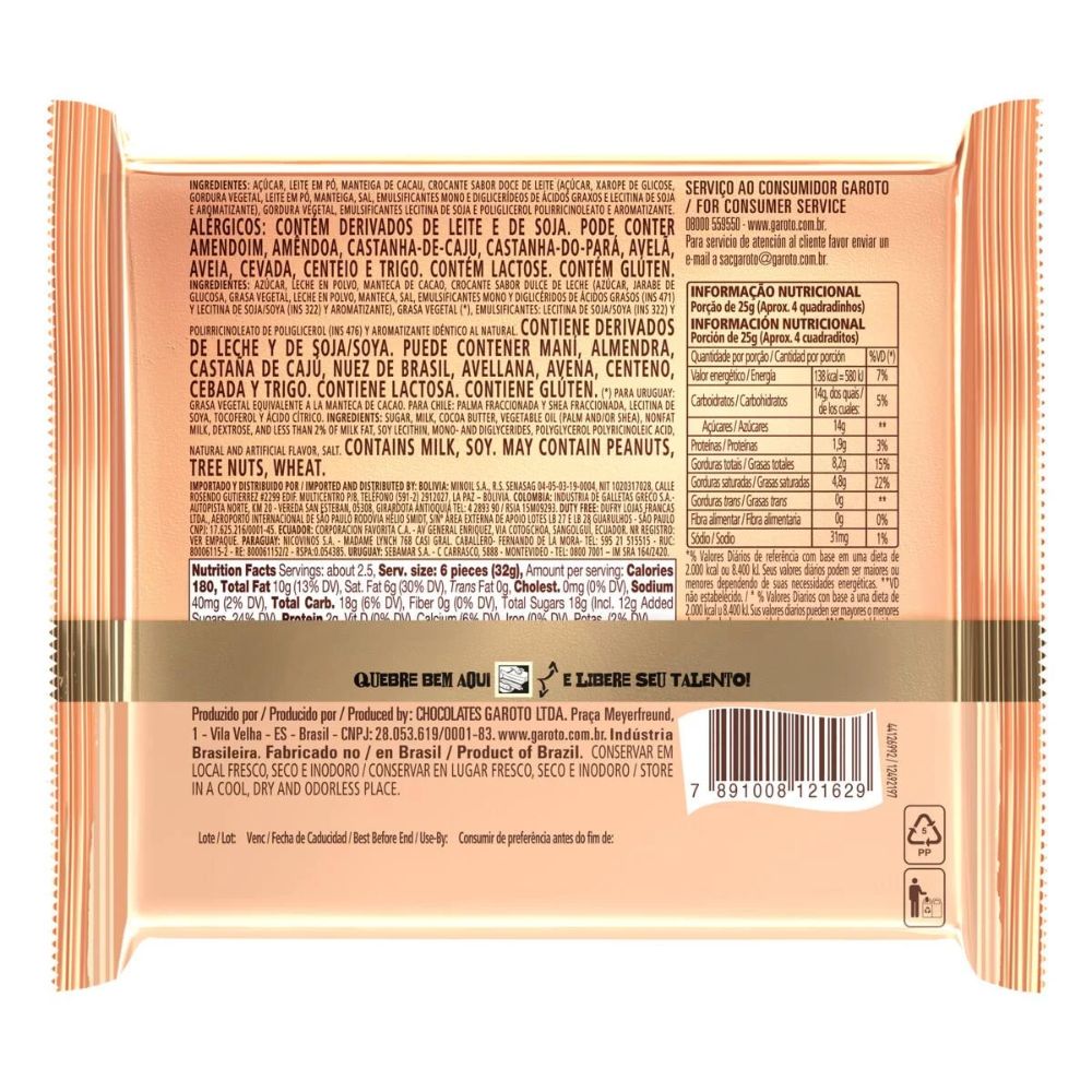 Garoto Talento Chocolate Branco com Doce de Leite, Embalagem 85 g / 3 onças
