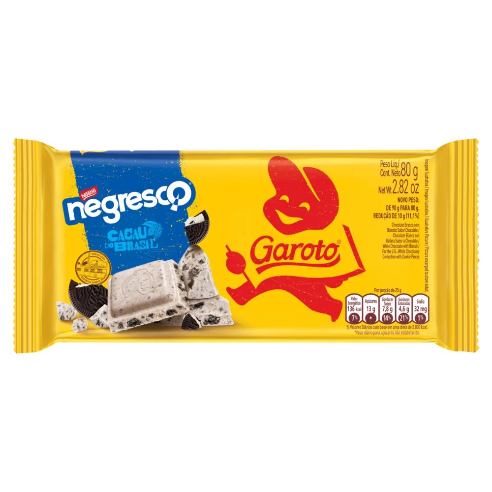Garoto Tableta de Galleta de Chocolate Blanco, 80 g / 2,8 oz