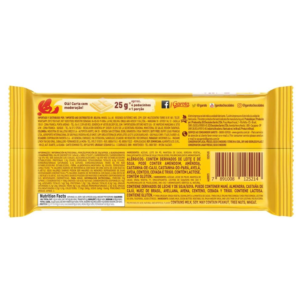 Garoto Tablete de Chocolate Branco, 80 g / 2,8 Onças
