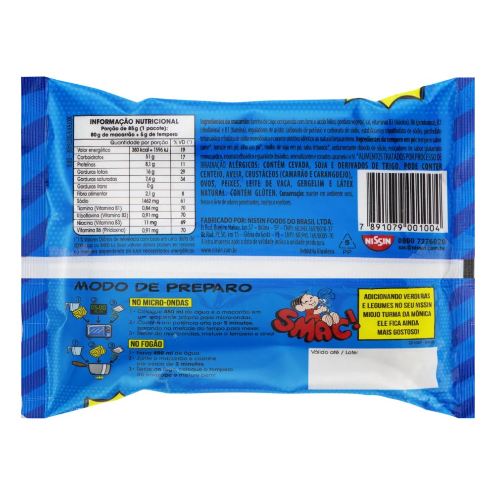 Nissin Miojo Turma da Mônica Instant Noodles, Mild Beef Flavor, 85 g / 3 oz Pack