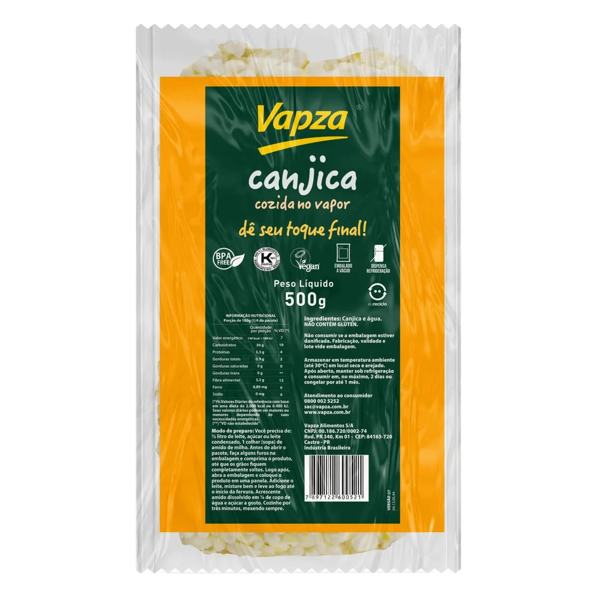 Vapza Canjica Cozida No Vapor Cooked White Corn, 500 g / 1.1 lb