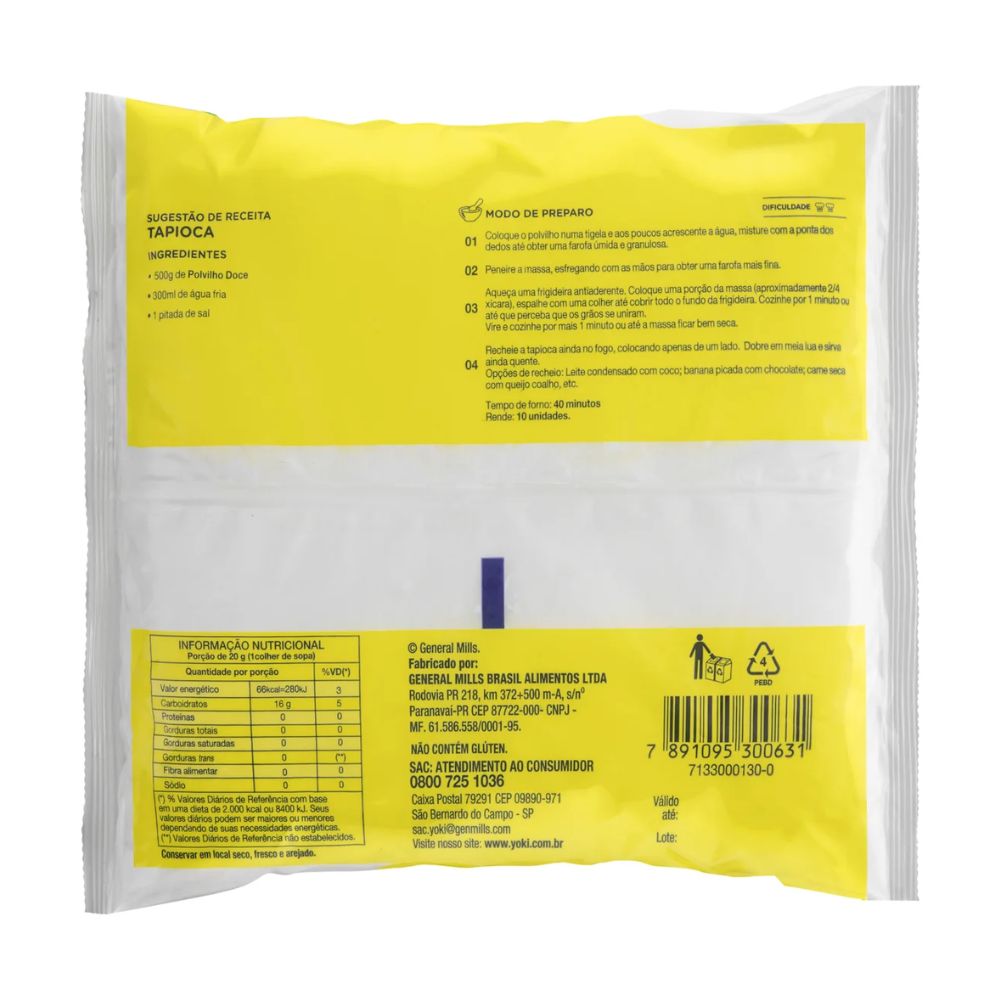 Yoki Polvilho Doce Sweet Cassava Starch, 500 g / 1.1 lb Bag