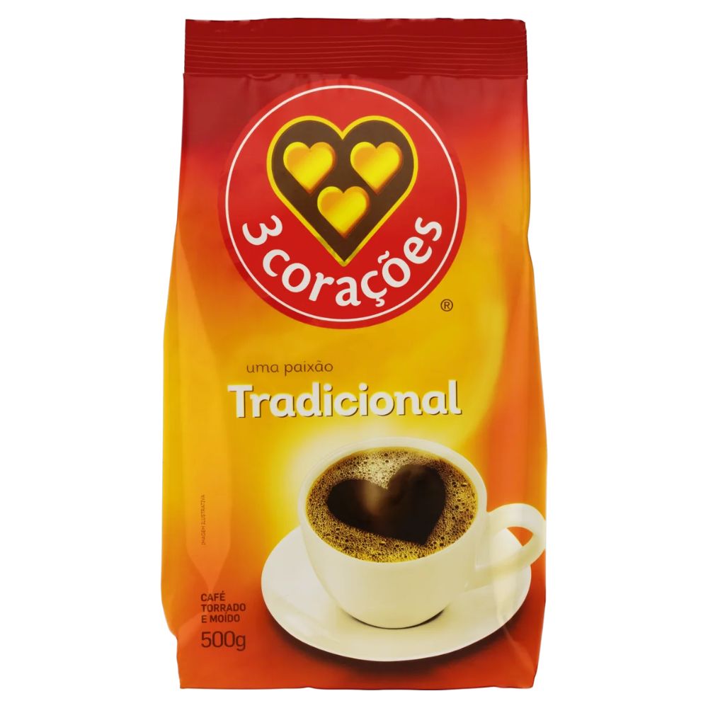 3 Coracoes Café Torrado Tradicional Moído, saco de 500 g / 1,1 lb