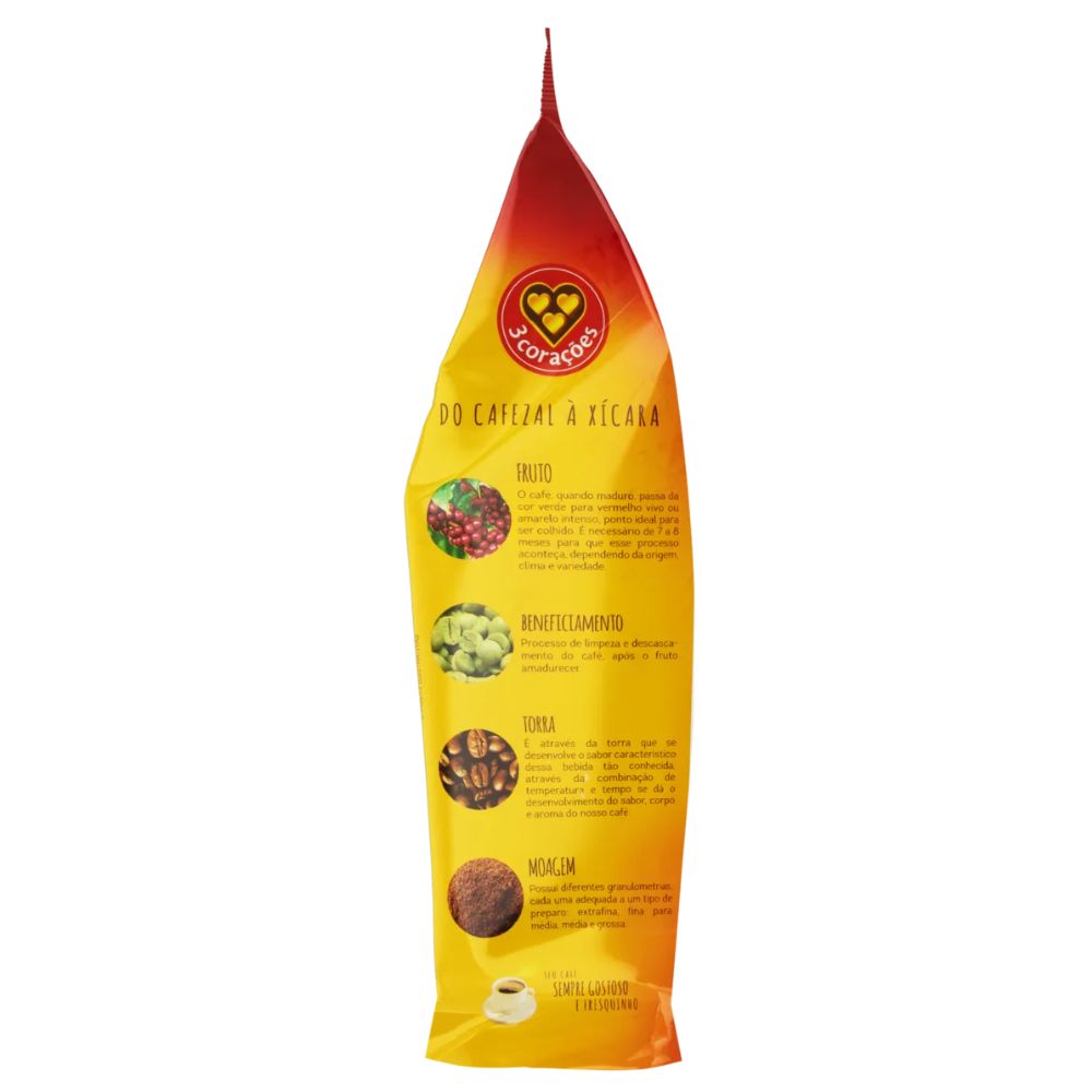 3 Coracoes Café Torrado Tradicional Moído, saco de 500 g / 1,1 lb